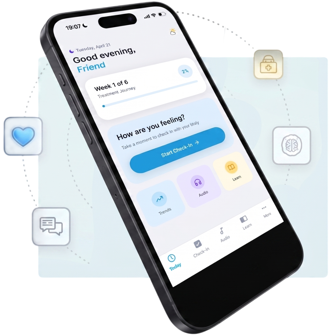 Radiant RT app shown on a phone, with the daily check-in screen open