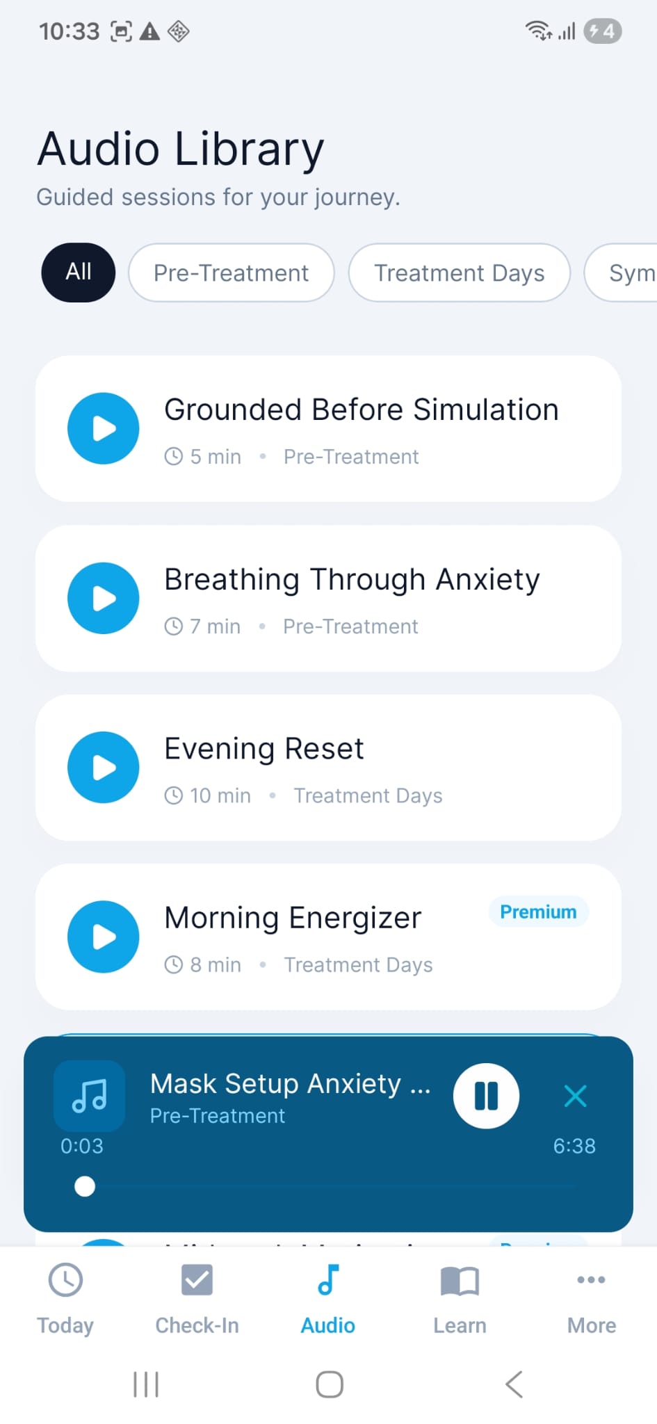 Radiant audio library screen with RT-specific guided sessions