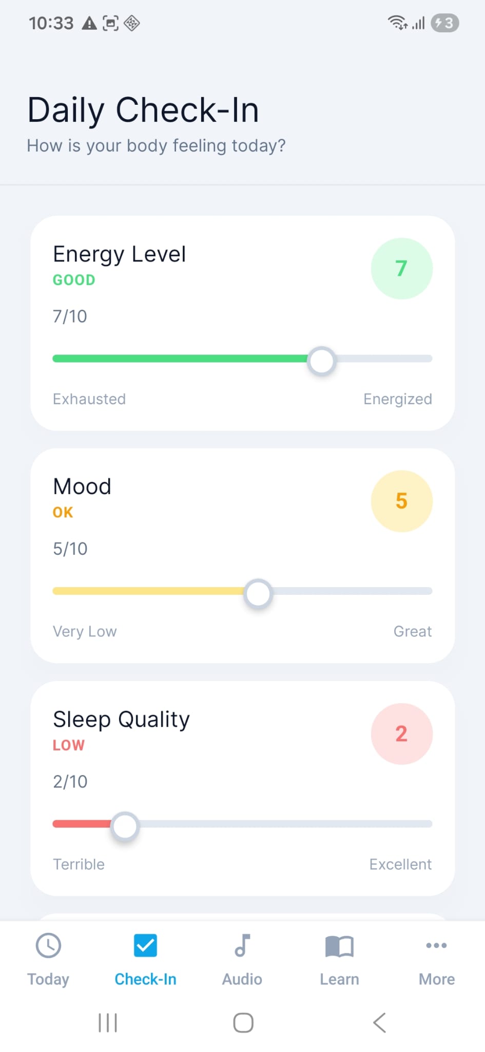 Radiant daily check-in screen